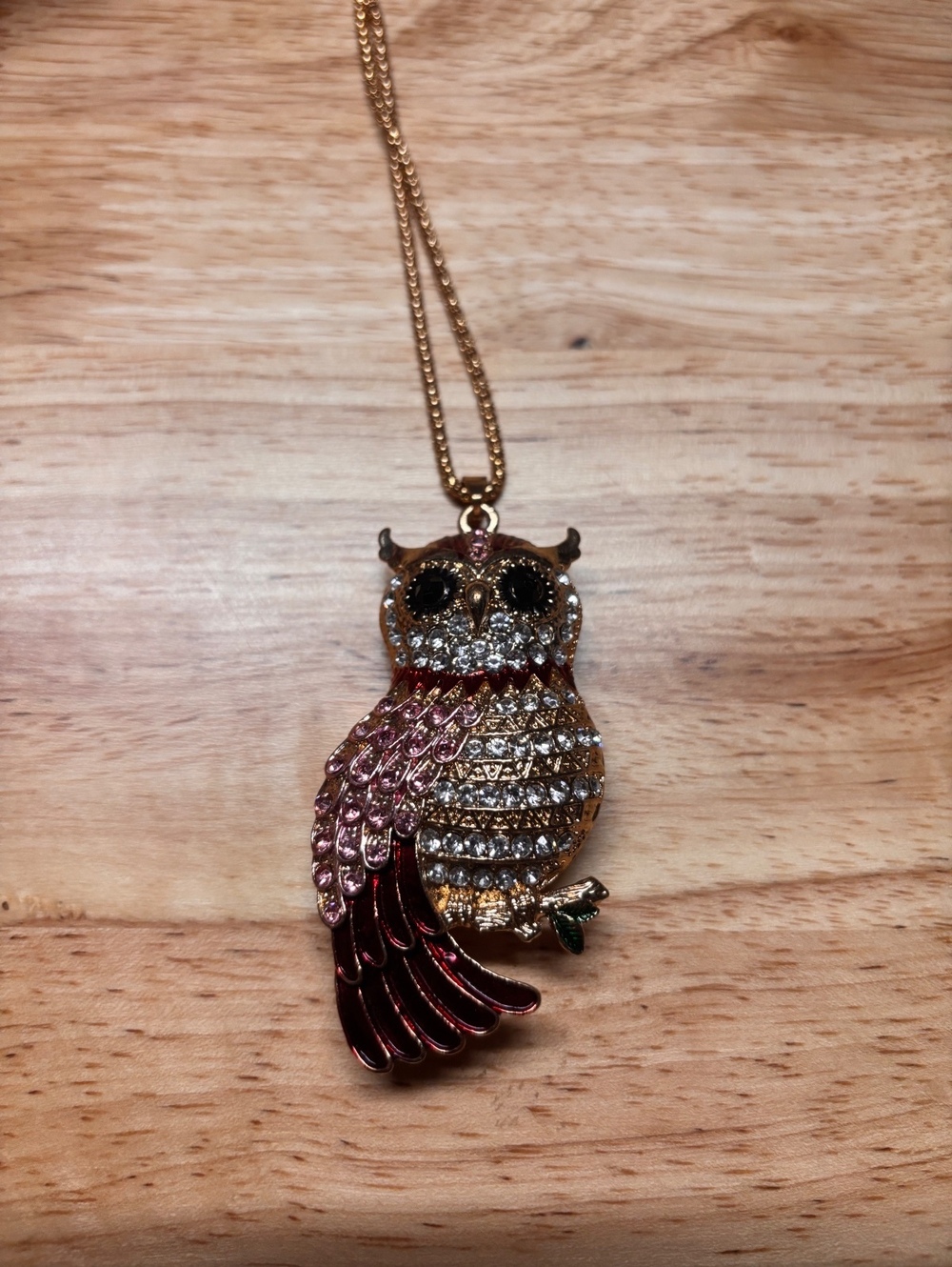Vintage Owl Pendant Necklace with Rhinestones and Pink Enamel Wing